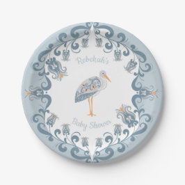 Whimsical Folk Art Blue | Baby Shower Paper Plate Pappteller