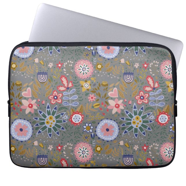 Whimsical Folk Art Blume Grau Laptopschutzhülle (Vorderseite)