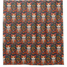 Whimsical Folk Art Cat und Blume