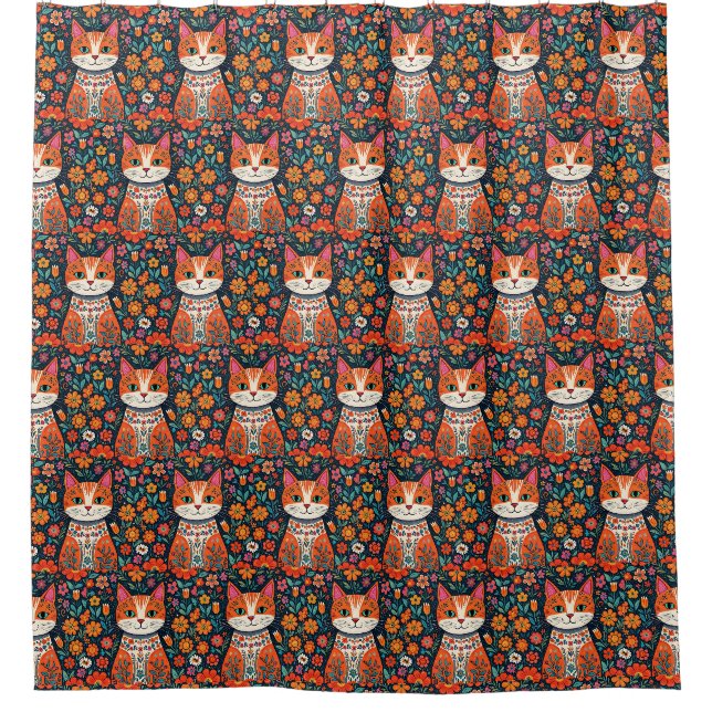 Whimsical Folk Art Cat und Blume Duschvorhang (Vorderseite)