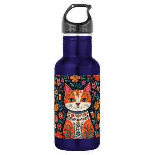 Whimsical Folk Art Cat und Blume Edelstahlflasche