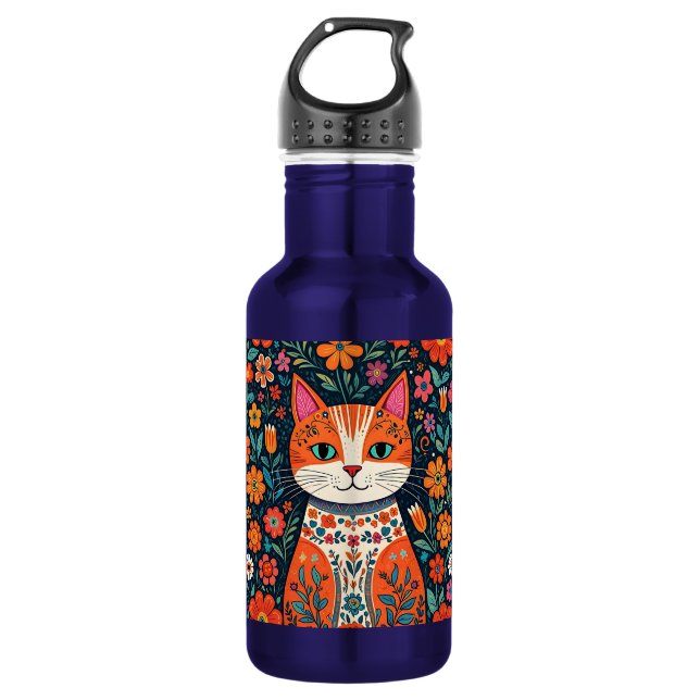 Whimsical Folk Art Cat und Blume Edelstahlflasche (Vorderseite)