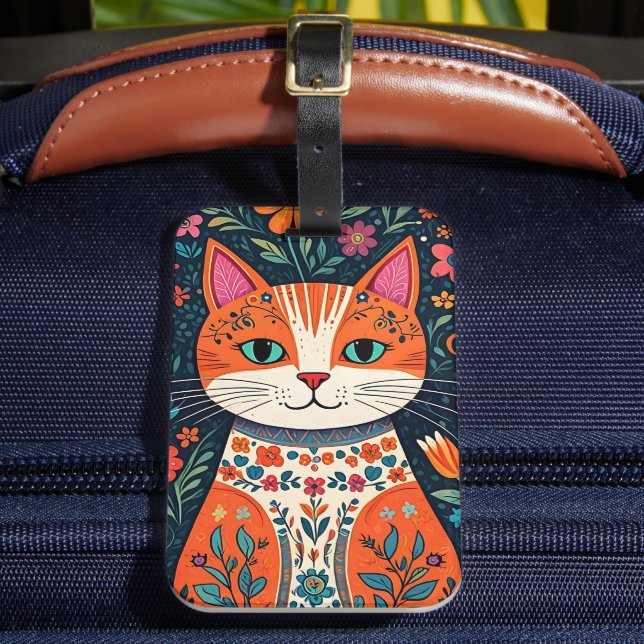 Whimsical Folk Art Cat und Blume Gepäckanhänger (Vorderseite Insitu 2)