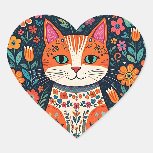 Whimsical Folk Art Cat und Blume Herz-Aufkleber (Vorderseite)