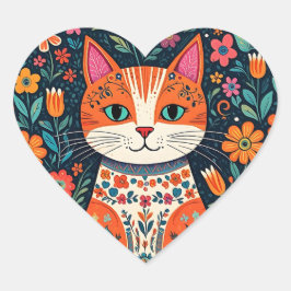 Whimsical Folk Art Cat und Blume Herz-Aufkleber