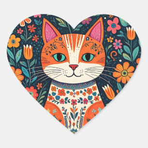 Whimsical Folk Art Cat und Blume Herz-Aufkleber