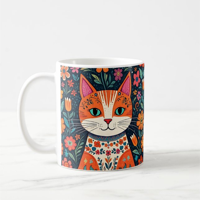 Whimsical Folk Art Cat und Blume Kaffeetasse (Links)