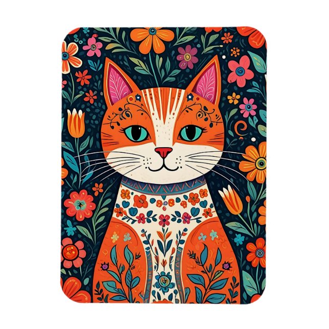 Whimsical Folk Art Cat und Blume Magnet (Vertikal)