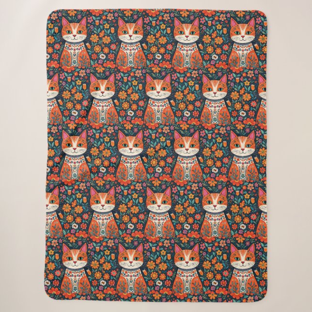 Whimsical Folk Art Cat und Blume Sherpadecke (Vorderseite)