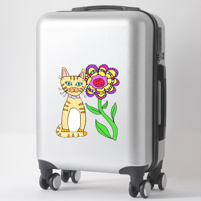 Whimsical Folk Art Cat und farbenfrohe Blume Aufkleber (Koffer)