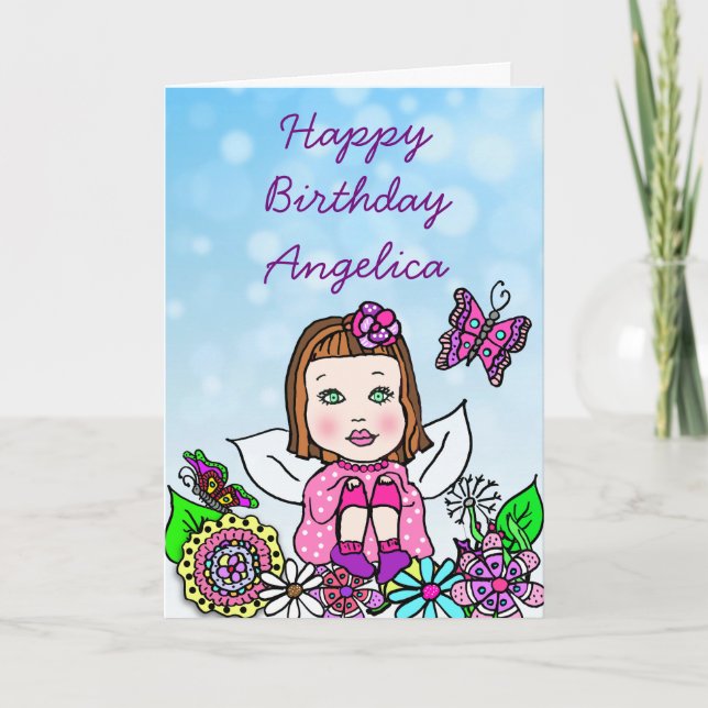 Whimsical Folk Art Fairy Girl Happy Birthday Karte (Vorderseite)