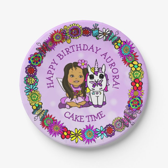 Whimsical Folk Art Fee mit Einhorn & Schmetterling Pappteller (Vorderseite)