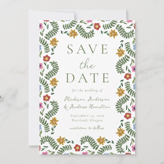Whimsical Folk Art Floral Wedding Save The Date (Vorderseite)