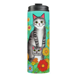 Whimsical Folk Art Gray Cat and Kitten Thermosbecher