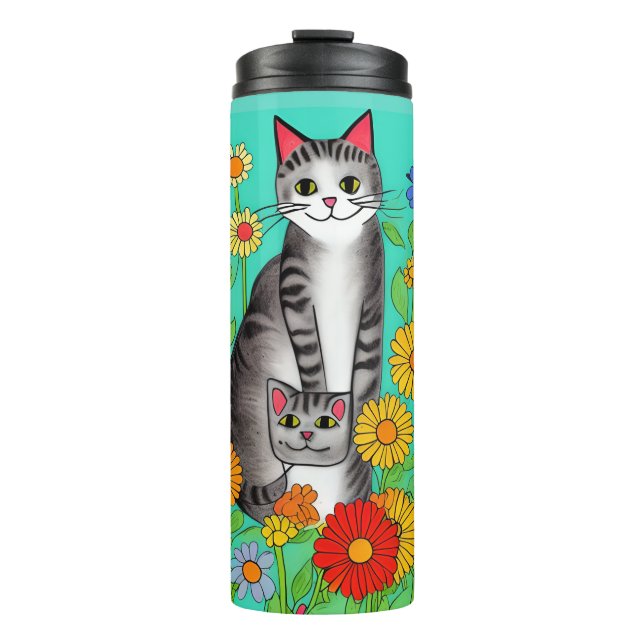 Whimsical Folk Art Gray Cat and Kitten Thermosbecher (Vorderseite)