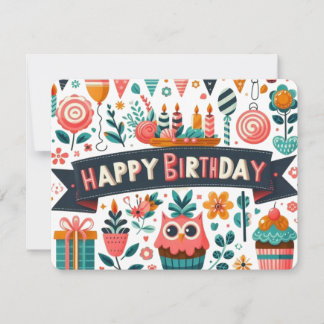 Whimsical Folk Art Happy Birthday Owl Blumen Einladung