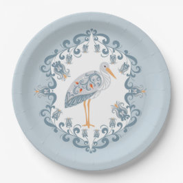 Whimsical Folk Art Storch | Babydusche Pappteller