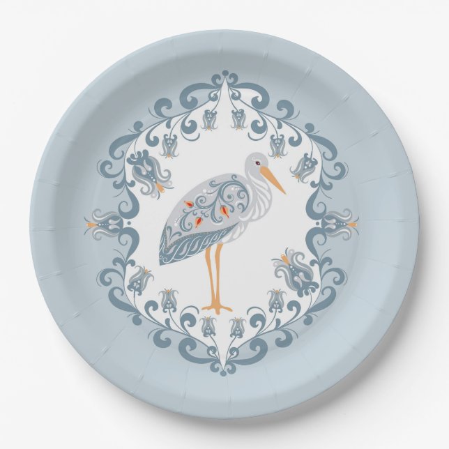 Whimsical Folk Art Storch | Babydusche Pappteller (Vorderseite)