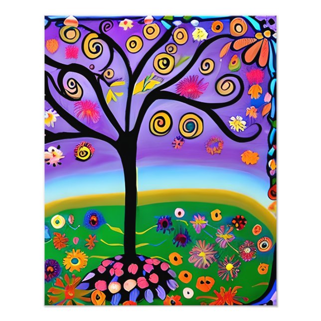 Whimsical Folk Art Style Tree Fotodruck (Vorne)