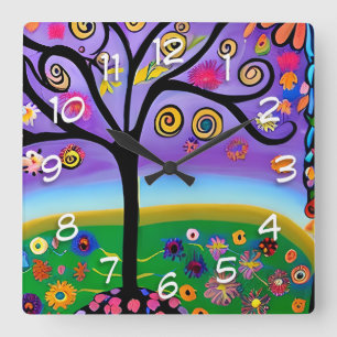 Whimsical Folk Art Style Tree Quadratische Wanduhr