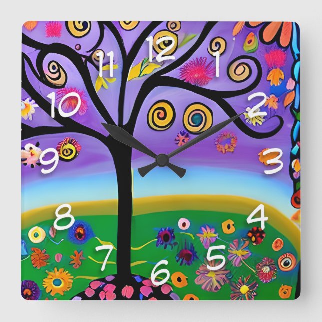 Whimsical Folk Art Style Tree Quadratische Wanduhr (Vorderseite)