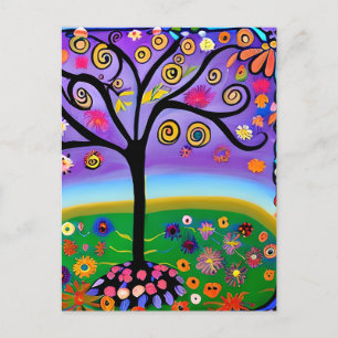 Whimsical Folk Art Style Tree Sprichwort Hi Postkarte