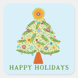 Whimsical Folk Weihnachtsbaum CUSTOM Geschenk Quadratischer Aufkleber