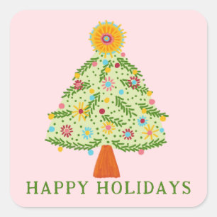 Whimsical Folk Weihnachtsbaum CUSTOM Geschenk Quadratischer Aufkleber