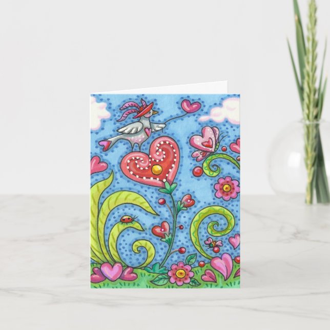 WHIMSICAL FOLKART BIRD, PINK HEARTS GARDEN Blank Karte (Vorderseite)