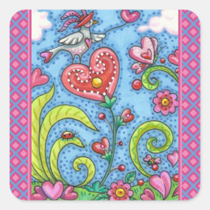 WHIMSICAL FOLKART BIRD, VALENTINE HERZ GARDEN QUADRATISCHER AUFKLEBER