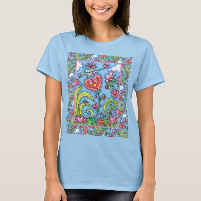 WHIMSICAL FOLKART BIRD, VALENTINE HERZ GARDEN T-Shirt (Vorderseite)