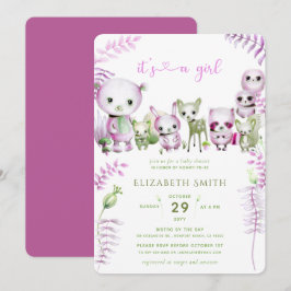 Whimsical Forest Bear Bunny Pink Girl Baby Dusche Einladung