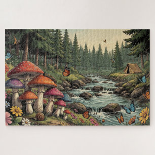 Whimsical Forest Creek mit Pilzen, Schmetterlingen