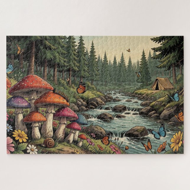 Whimsical Forest Creek mit Pilzen, Schmetterlingen (Horizontal)