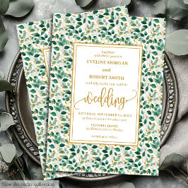 Whimsical Forest Green Gold Blätter Hochzeit einla Einladung
