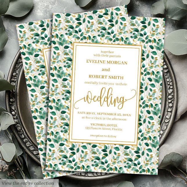 Whimsical Forest Green Gold Blätter Hochzeit einla Einladung (Whimsical Forest Green Gold Leaves Wedding Invitation)