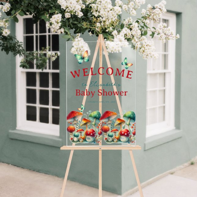 Whimsical Forest Mushroom Baby Dusche Empfang Acrylschild (Whimsical Forest Mushroom Baby Shower Welcome Acrylic Sign)