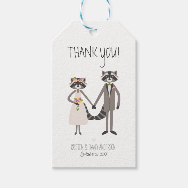Whimsical Forest Raccoons Rustikale Hochzeitsmarke Geschenkanhänger (Vorderseite)