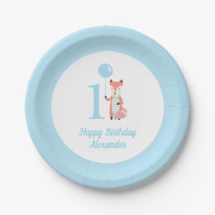 Whimsical Fox & Balloon Blue Happy Birthday 1. Pappteller