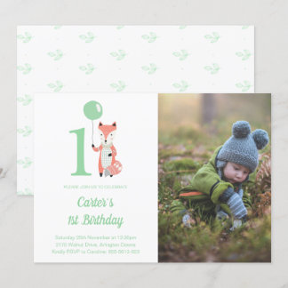 Whimsical Fox & Balloon Green 1. Geburtstag Foto Einladung