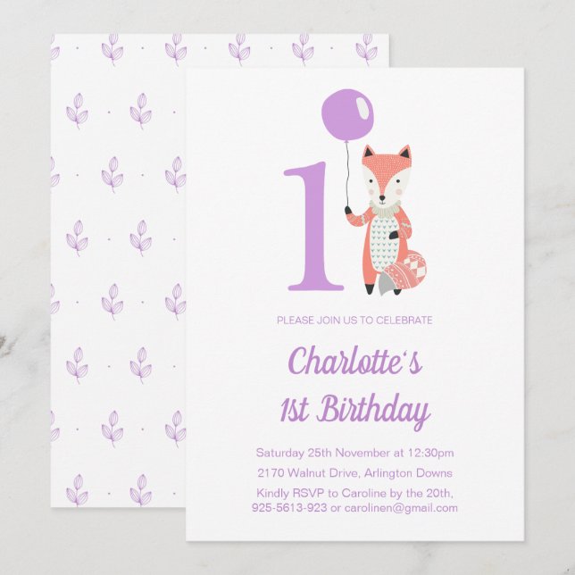 Whimsical Fox & Balloon Lila 1. Geburtstag Einladung (Vorne/Hinten)