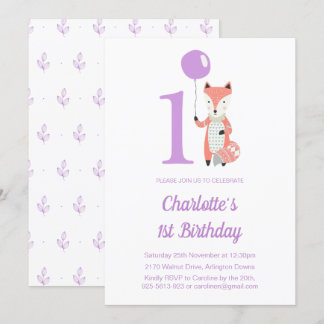 Whimsical Fox & Balloon Lila 1. Geburtstag Einladung