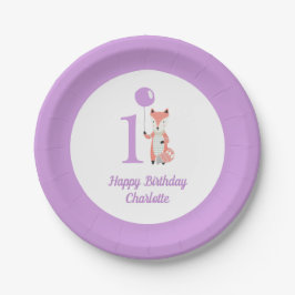 Whimsical Fox & Balloon Lila Happy Birthday 1. Pappteller