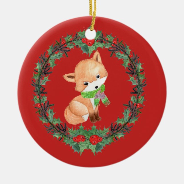 Whimsical Fox Wreath Personalisiert Keramik Ornament (Vorne)