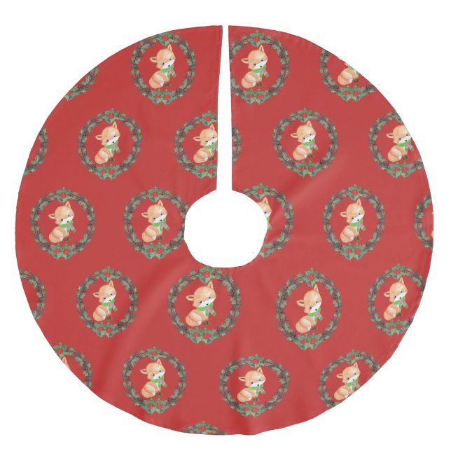 Whimsical Fox Wreath Polyester Weihnachtsbaumdecke (Vorderseite)