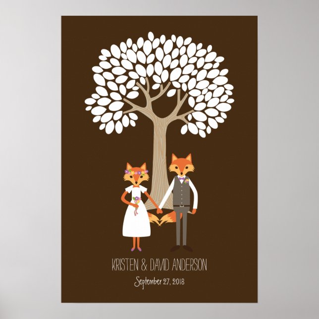 Whimsical Foxes Wedding Fingerprint Signature Tree Poster (Vorne)