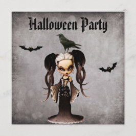 Whimsical Frankie Bride & Crow Damask Halloween Einladung
