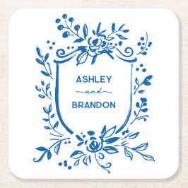 Whimsical French Blue Botanical Crest Wedding Rechteckiger Pappuntersetzer