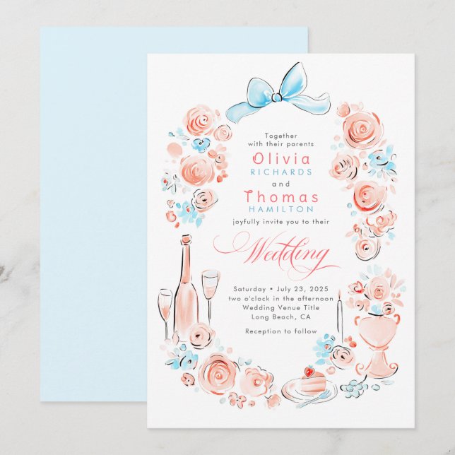 Whimsical French Floral Hand Drawn Wedding Einladung (Vorne/Hinten)