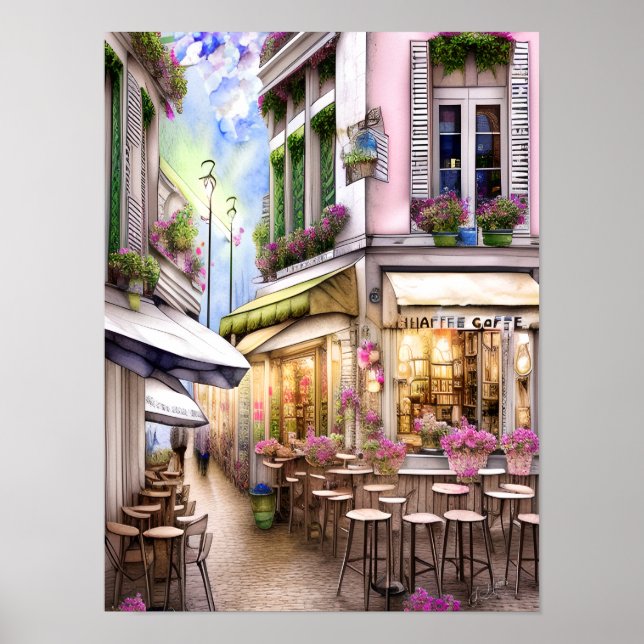 Whimsical French Street Cafe Poster, Aquarellfarbe Poster (Vorne)